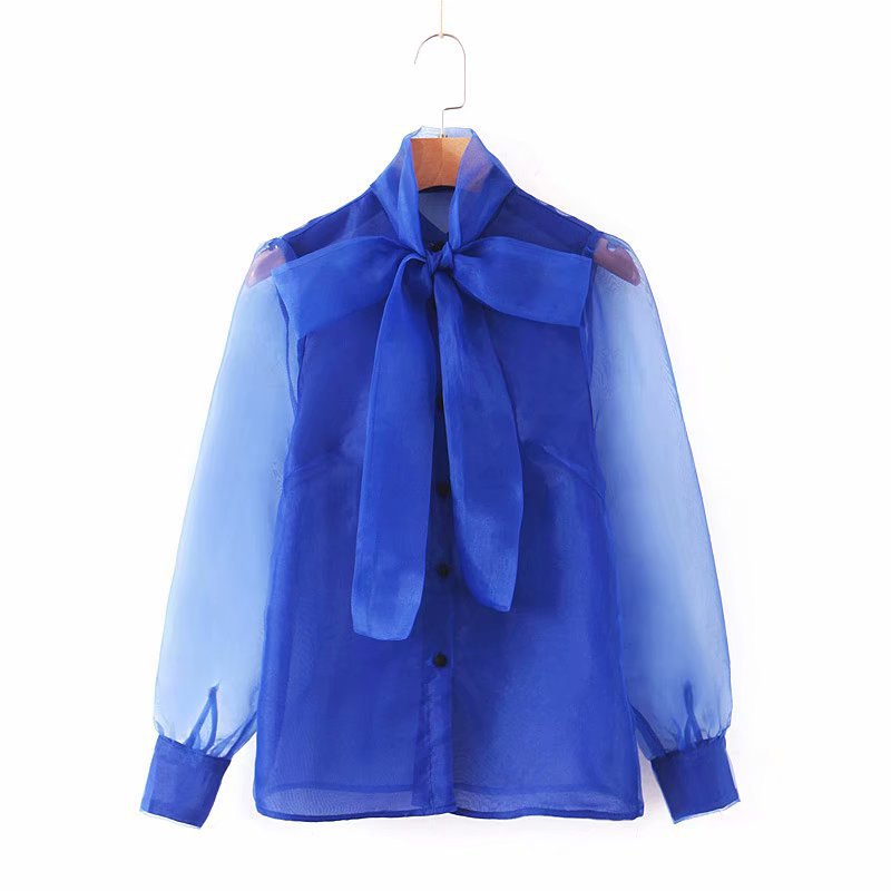 Long-sleeved bow-embellished organza shirt