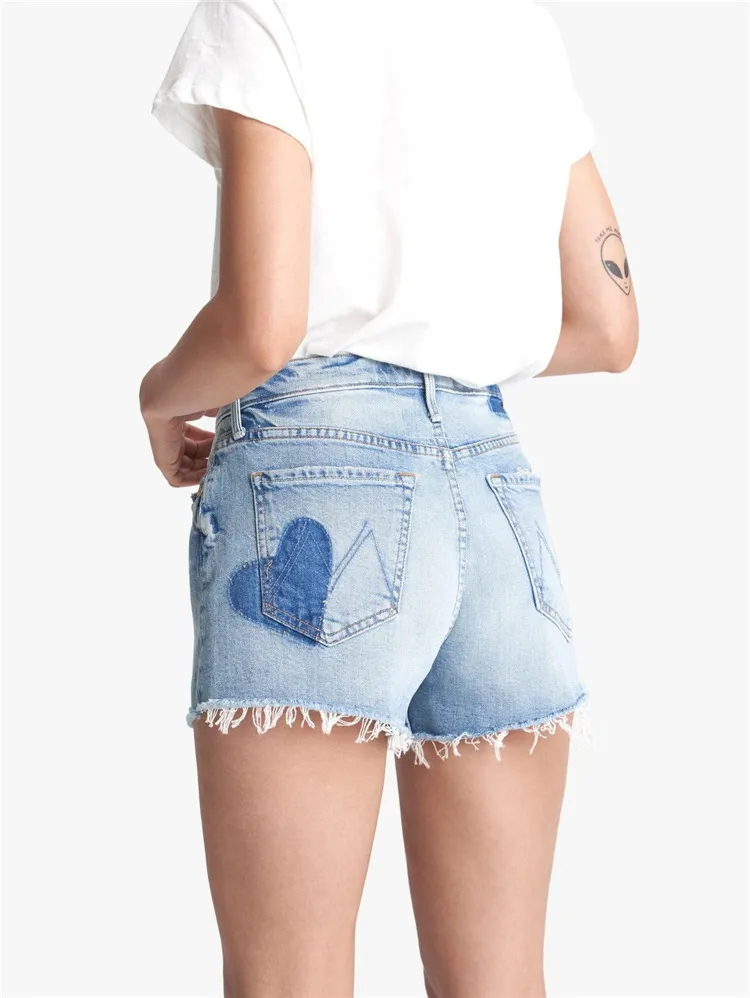 Frayed love high-waisted denim shorts - Blue