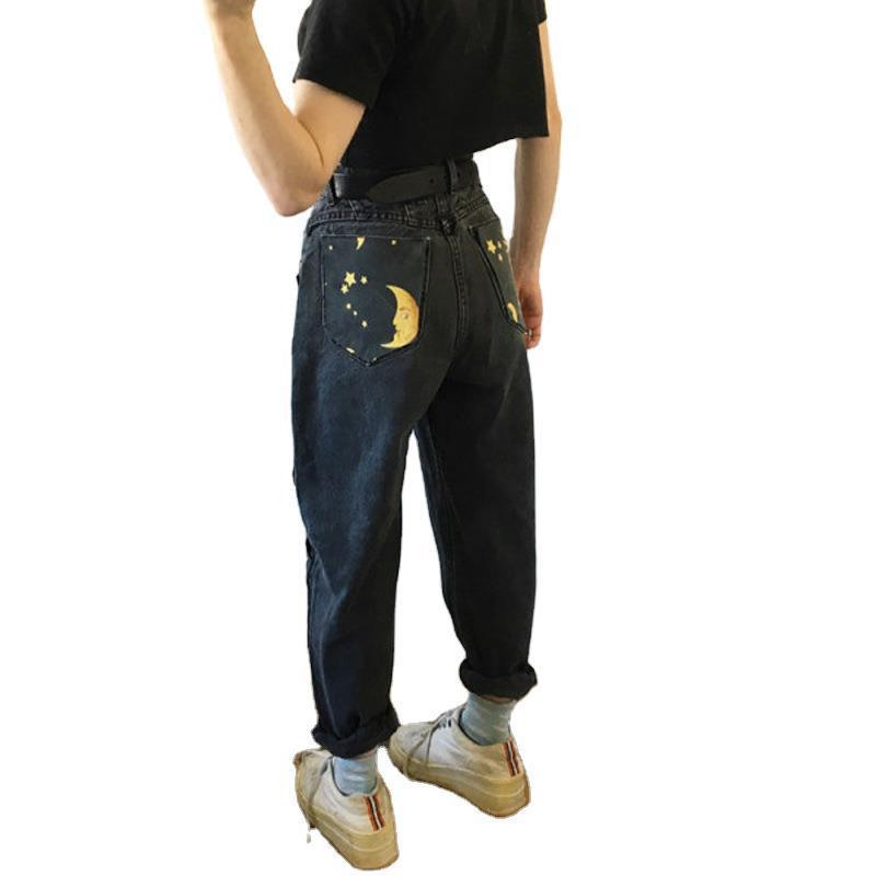 Digital printed straight-leg pants hipster trousers jeans