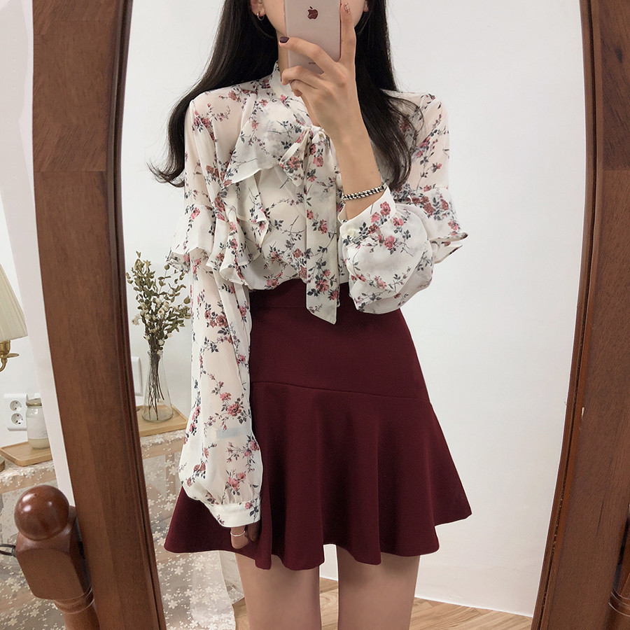 Lace-up chiffon shirt