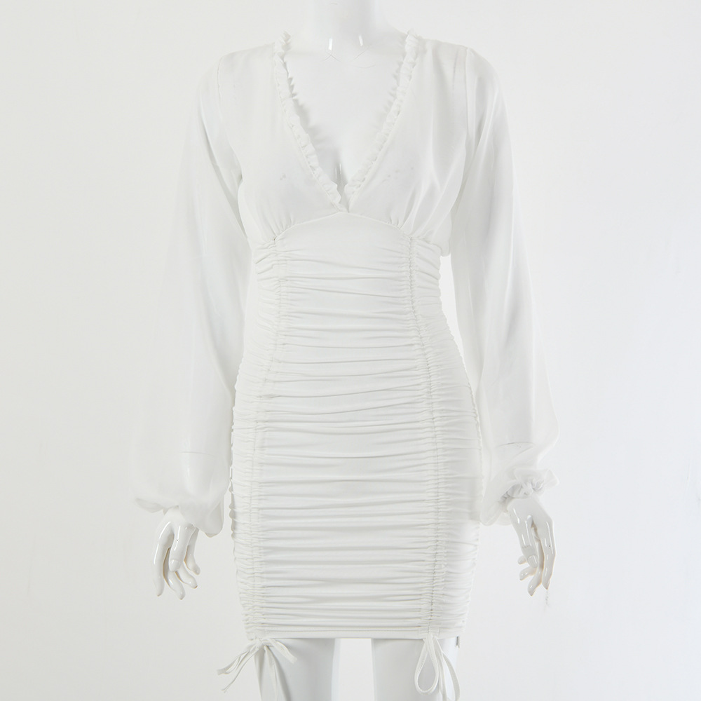 V-neck  back smocked slim dress