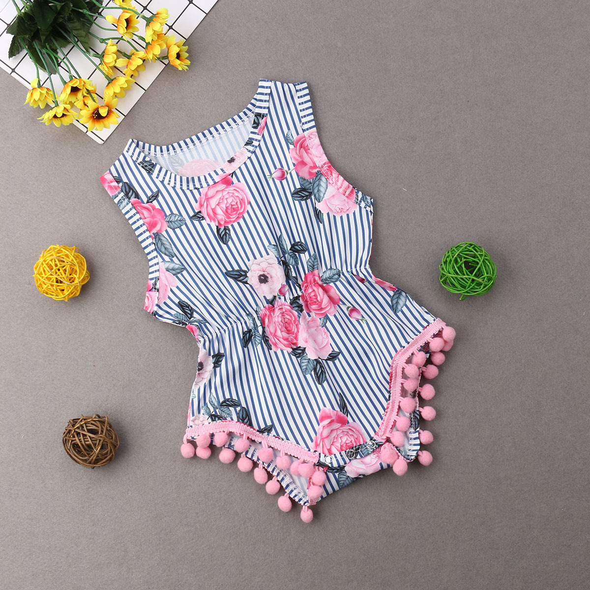 Rose print romper Striped and small ball decoration romper