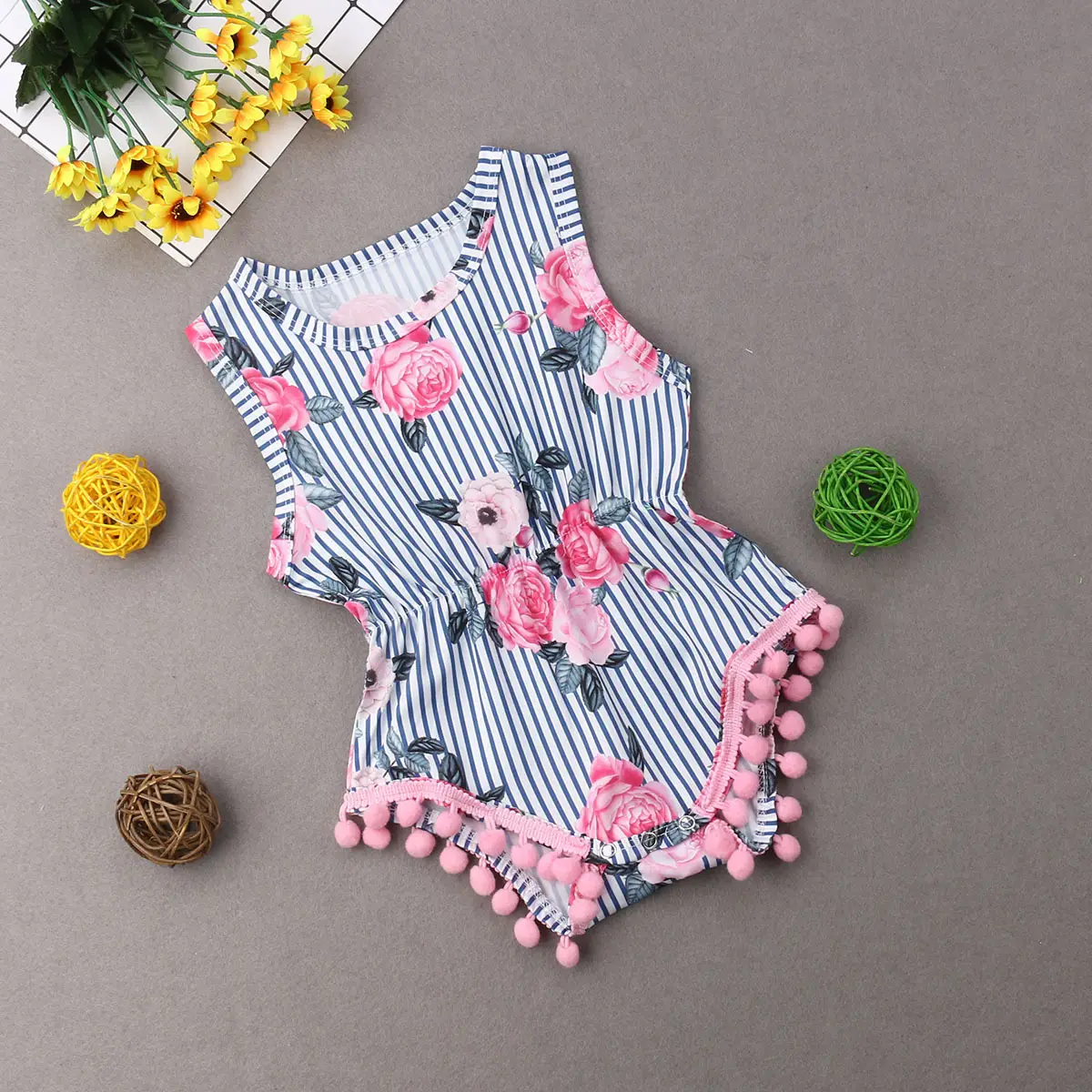 Rose print romper Striped and small ball decoration romper