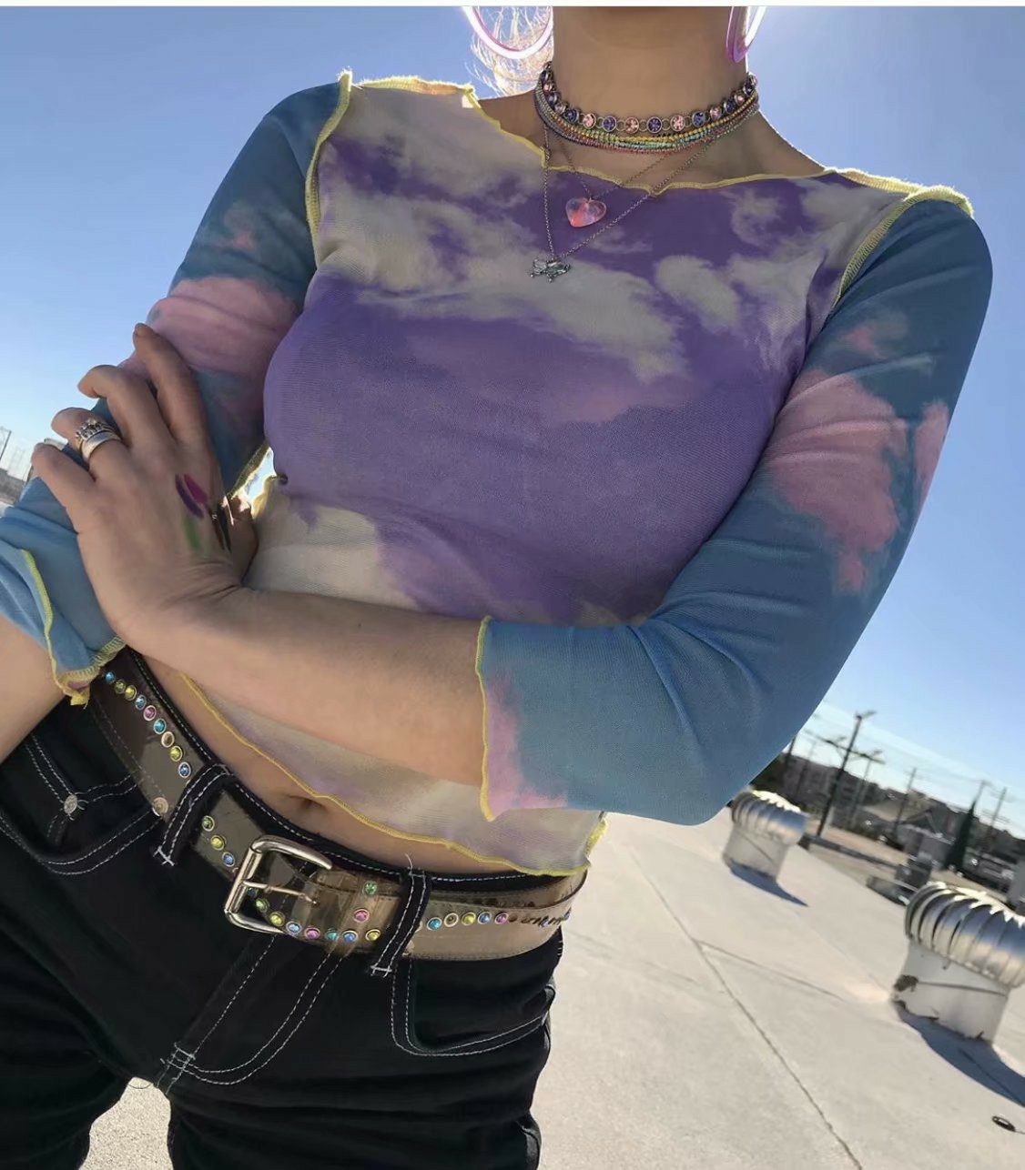 Tie-dye printed mesh t-shirt