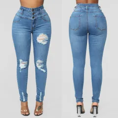 Three-breasted stretch pants - Blue - View 1
