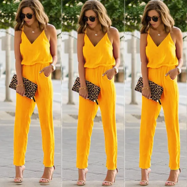Solid color V neck suspender jumpsuit Yellow - Shop at LoveMi
