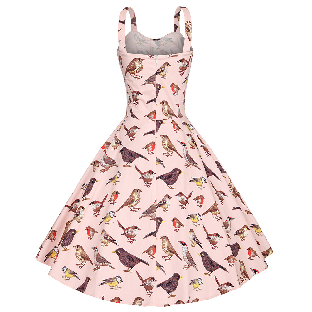 Retro strap print bird dress