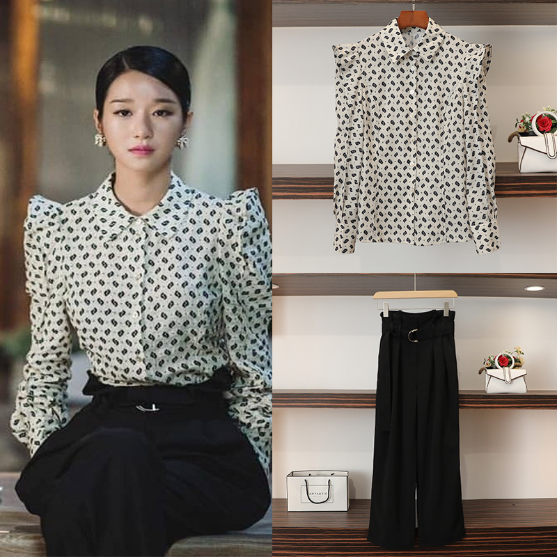 Xu Ruizhi same retro print shirt high waist bud pants