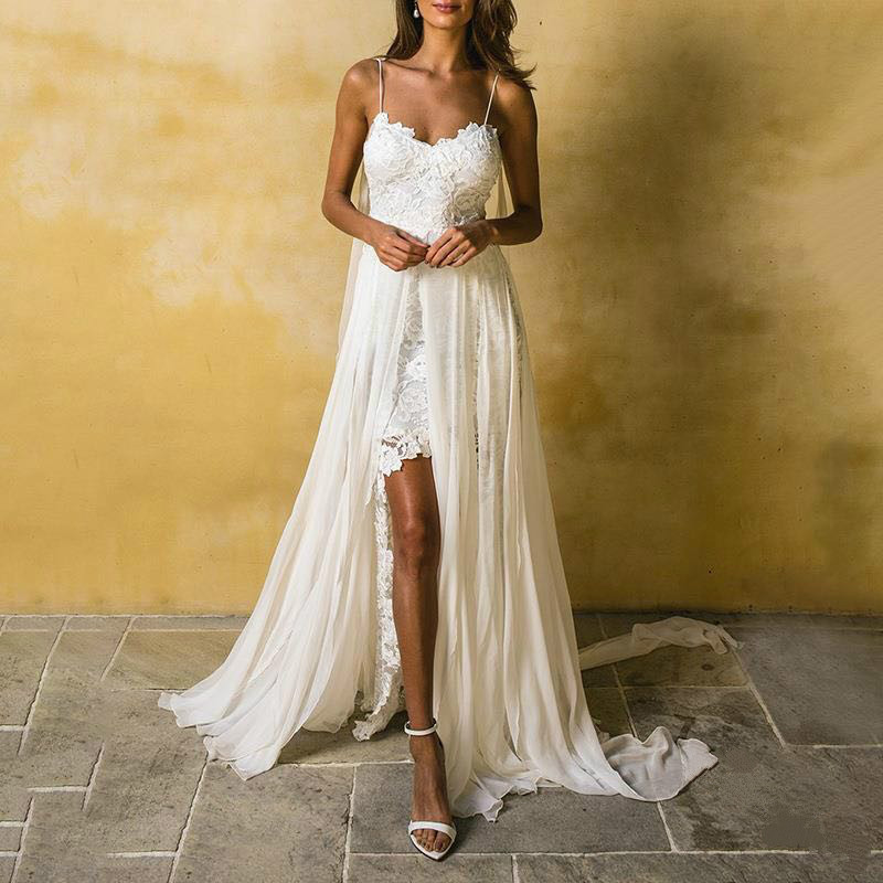 Sling V-neck lace irregular white dress