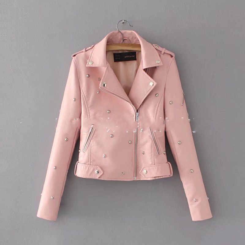 Women's leather jacket with rivet locomotive Pink - Shop at LoveMi