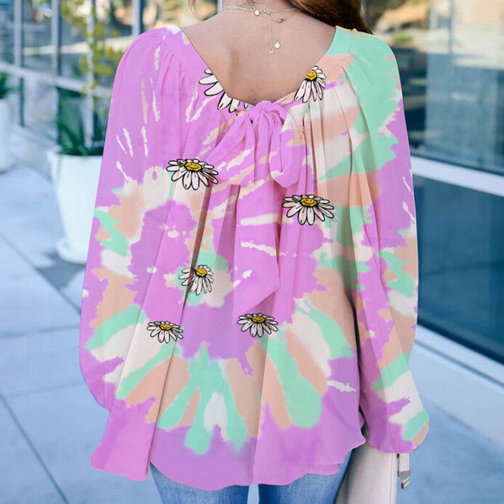 Women's bow printed tie-dye loose top