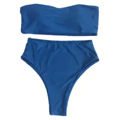Solid colour back swimsuit without straps - Blue - View 1