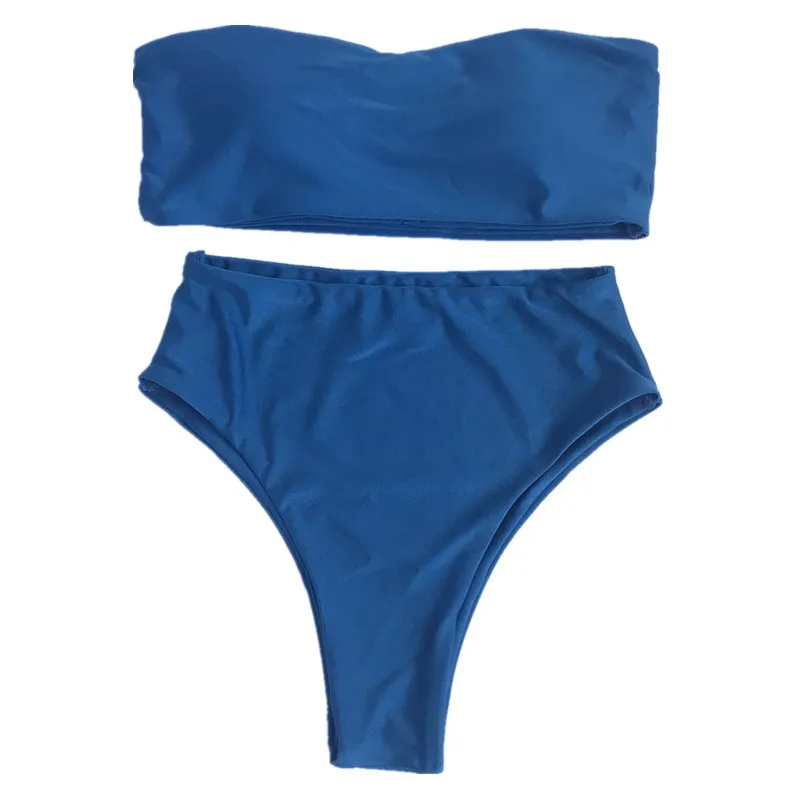 Solid color back swimsuit without straps - Blue