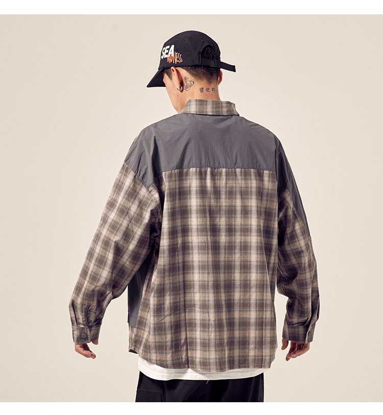 Pocket stitching loose drop shoulder plaid shirt