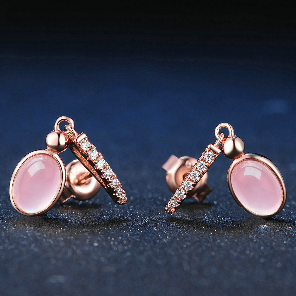 Natural pink crystal hibiscus stone micro inlaid earrings