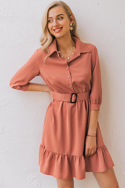 3/4 sleeve belt skirt ruffled retro style slim dress