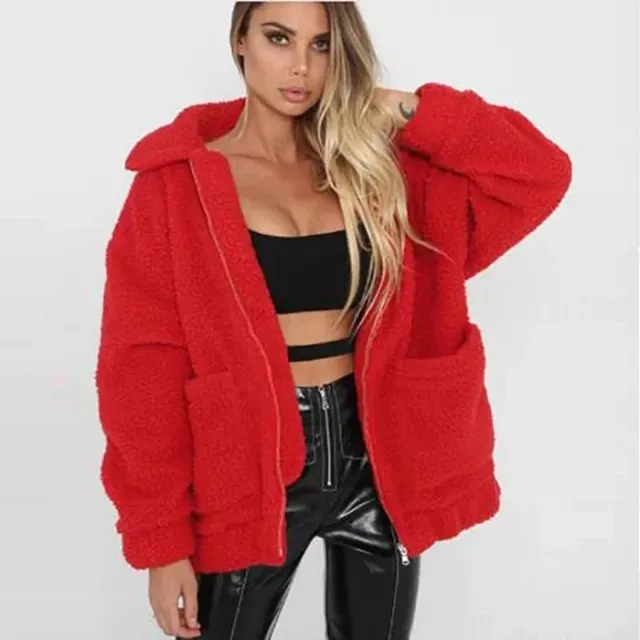 Faux lambswool oversized jacket coat Winter black warm hairly jacket Women autumn outerwear Red - Shop at LoveMi