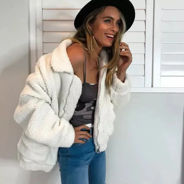 Faux lambswool oversized jacket coat Winter black warm hairly jacket Women autumn outerwear White - Shop at LoveMi