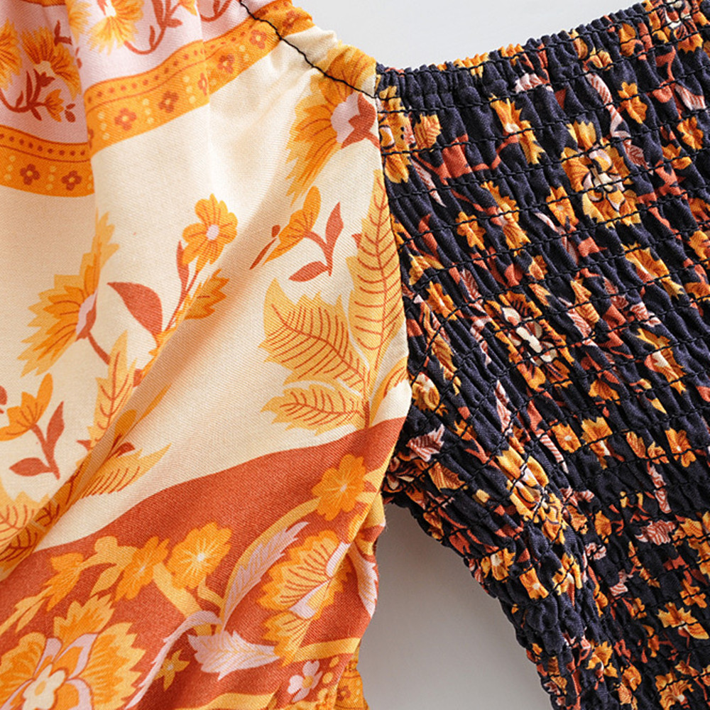 Printed short-sleeved shirt + mid-length skirt suit