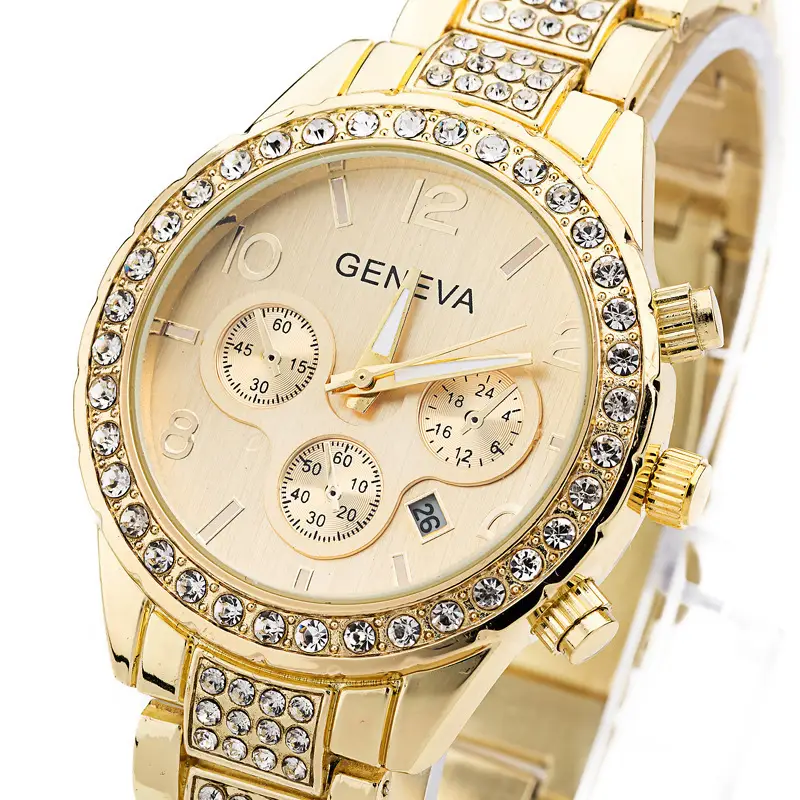 Diamond three-eye steel band calendar watch