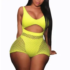 Hollow mesh women's one-piece swimsuit - Yellow - View 1