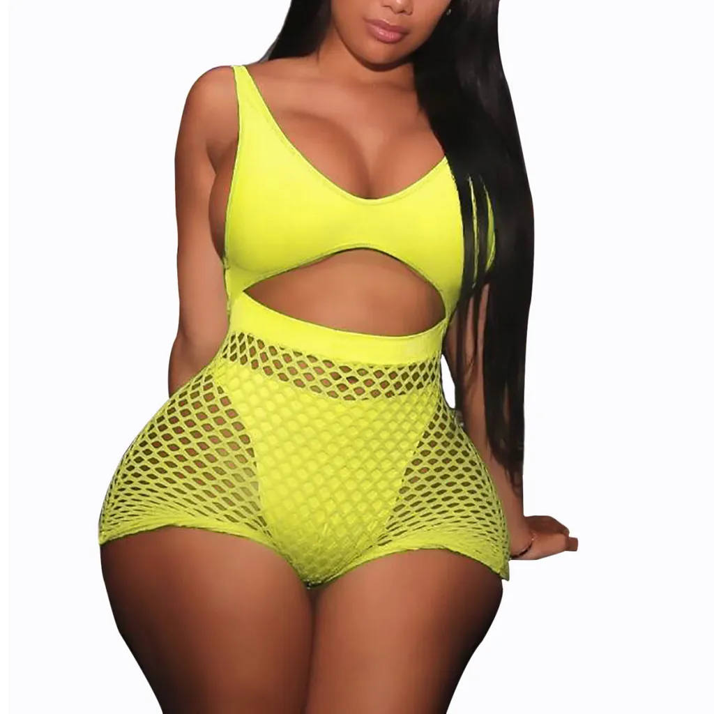 Hollow mesh women's one-piece swimsuit - Yellow