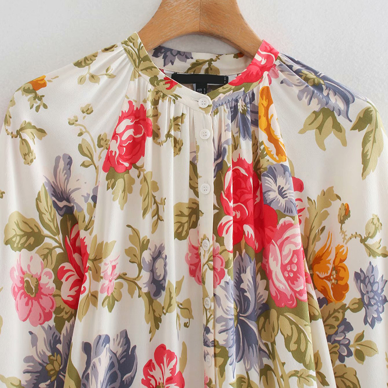 Round neck 3/4 sleeve pleated floral print dress