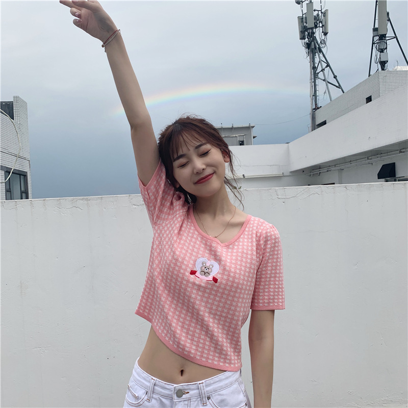 Pink bear plaid short sleeve T-shirt