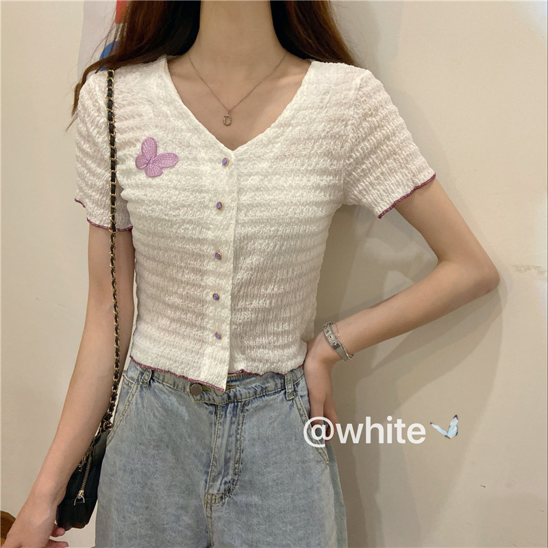 Bubble wrinkle all-match short-sleeved cardigan