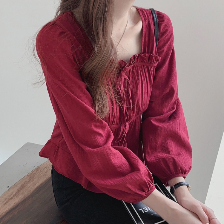 Sweet and cute puff sleeve tie shirt