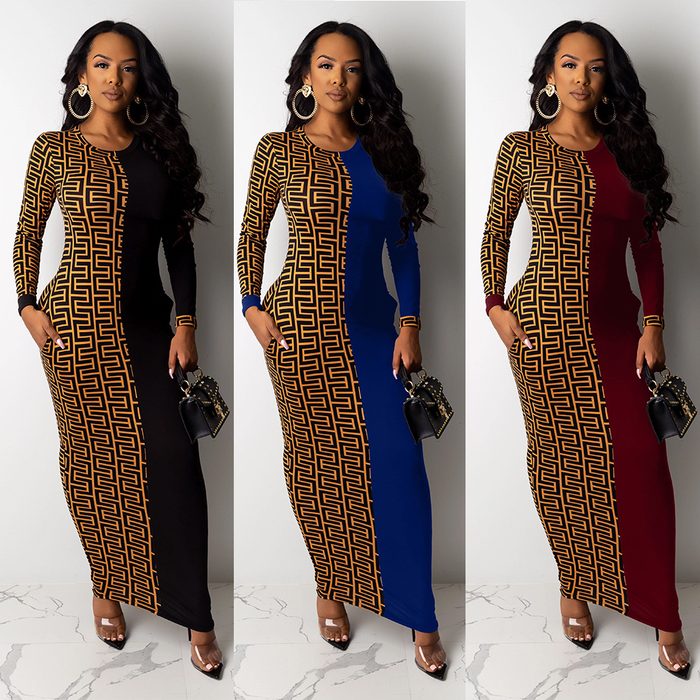 Printed stitching casual dress