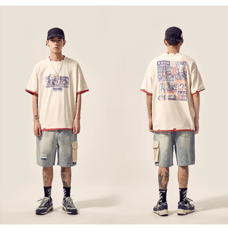 Men's distressed stitching loose denim shorts