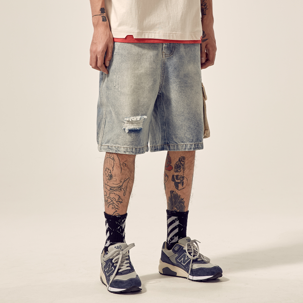 Men's distressed stitching loose denim shorts