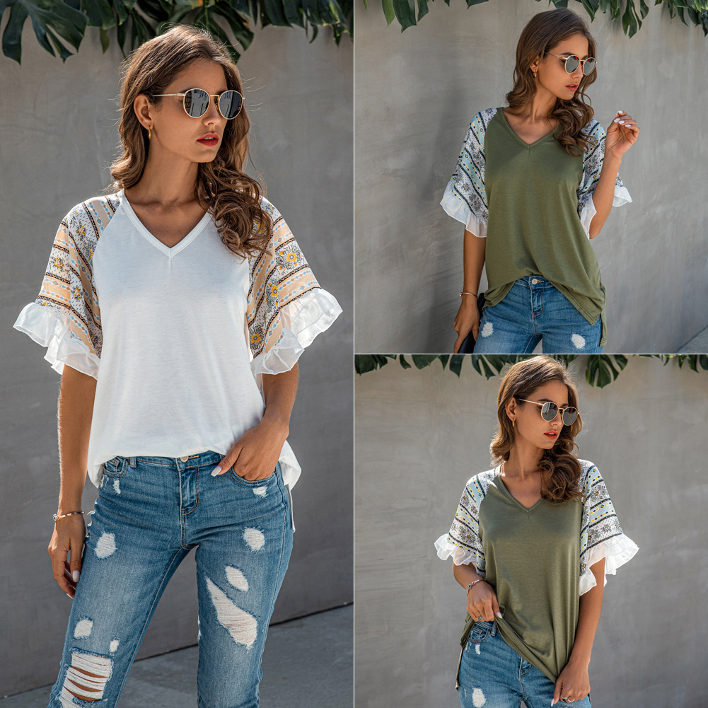 Patchwork chiffon ruffled T-shirt