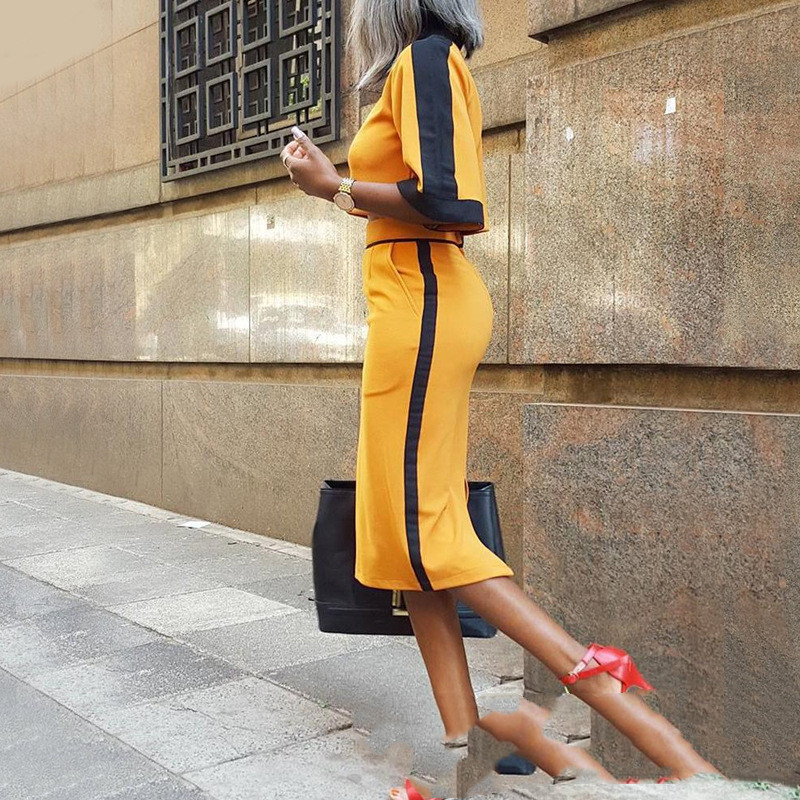 Color block short sleeve and tight skirt suit