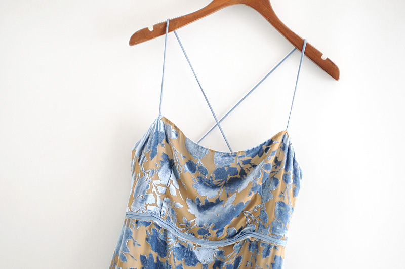 Blue velvet jacquard slit Sling Dress