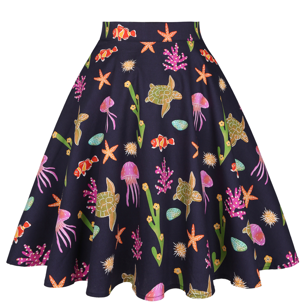 Turtle and starfish marine life print skirt