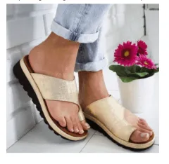 Women Slippers Flat Sole Casual Soft Big Toe Foot Sandal - Gold - View 1