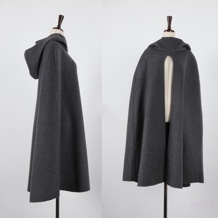 Hooded woolen cloak windbreaker jacket Grey - Shop at LoveMi