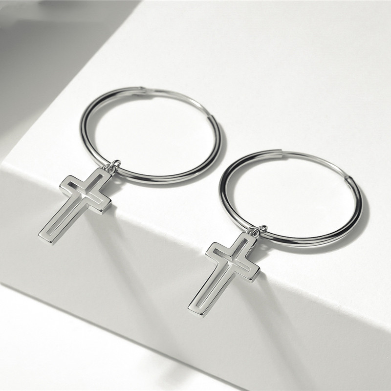 Women's Sterling Silver Ring Cross Earrings