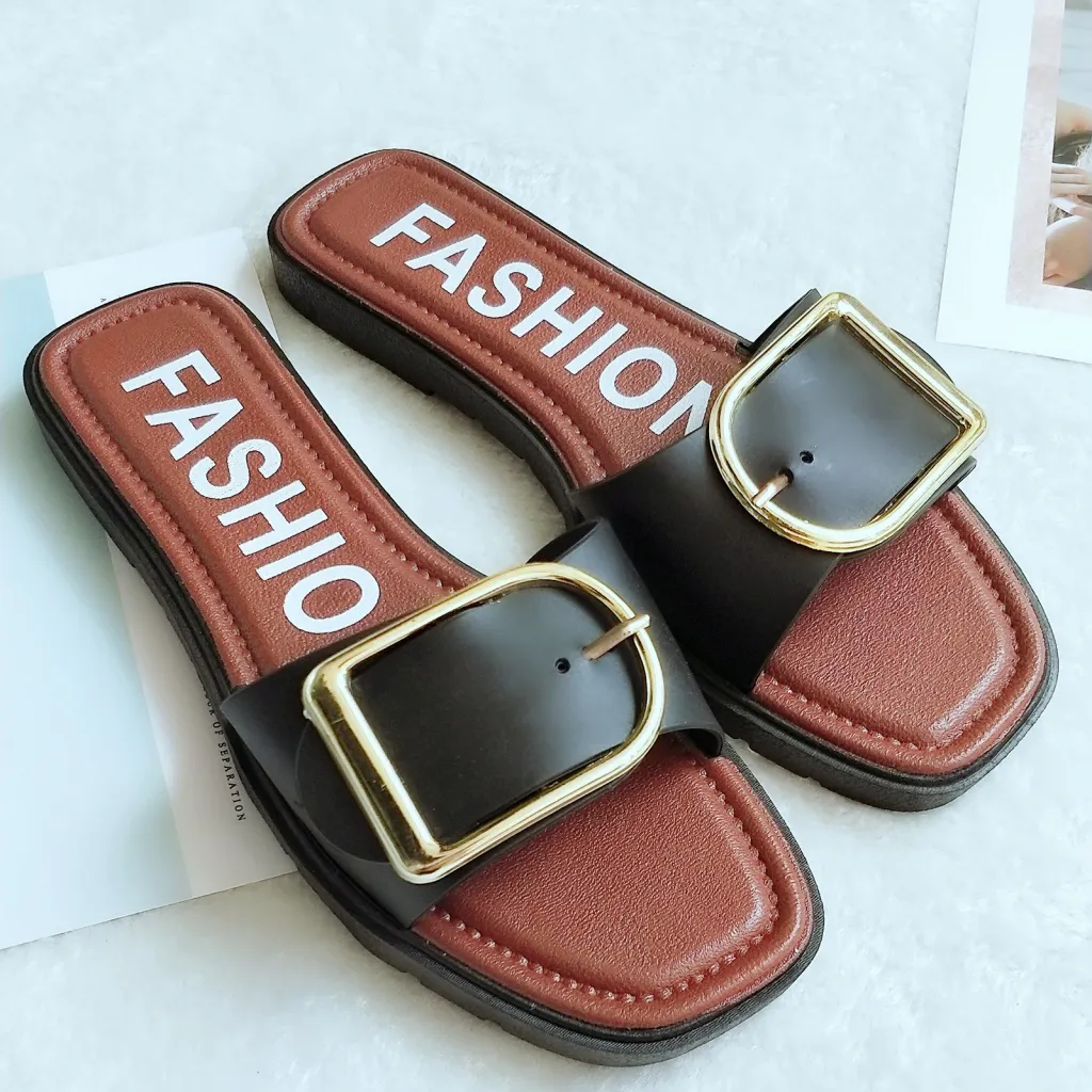 Fashion square buckle sandals and slippers - Black