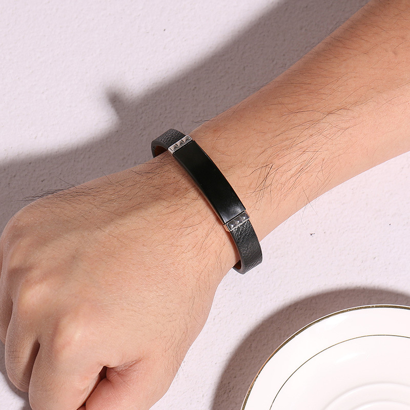 Stainless steel curved brand leather bracelet