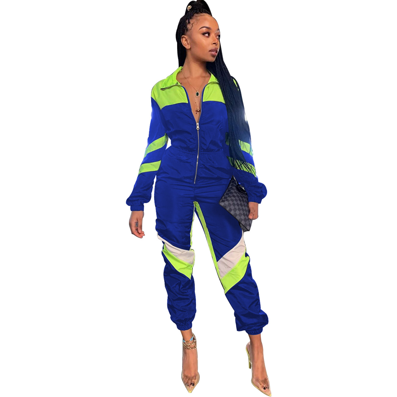 Solid color V-neck long-sleeved jumpsuit