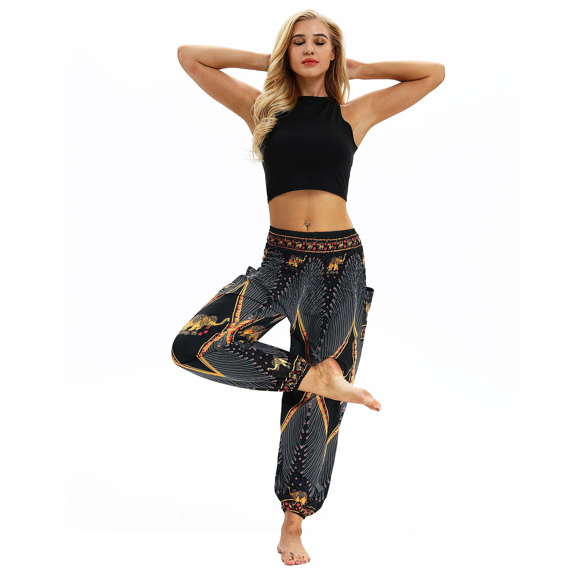 Golden elephant pattern outdoor yoga pants