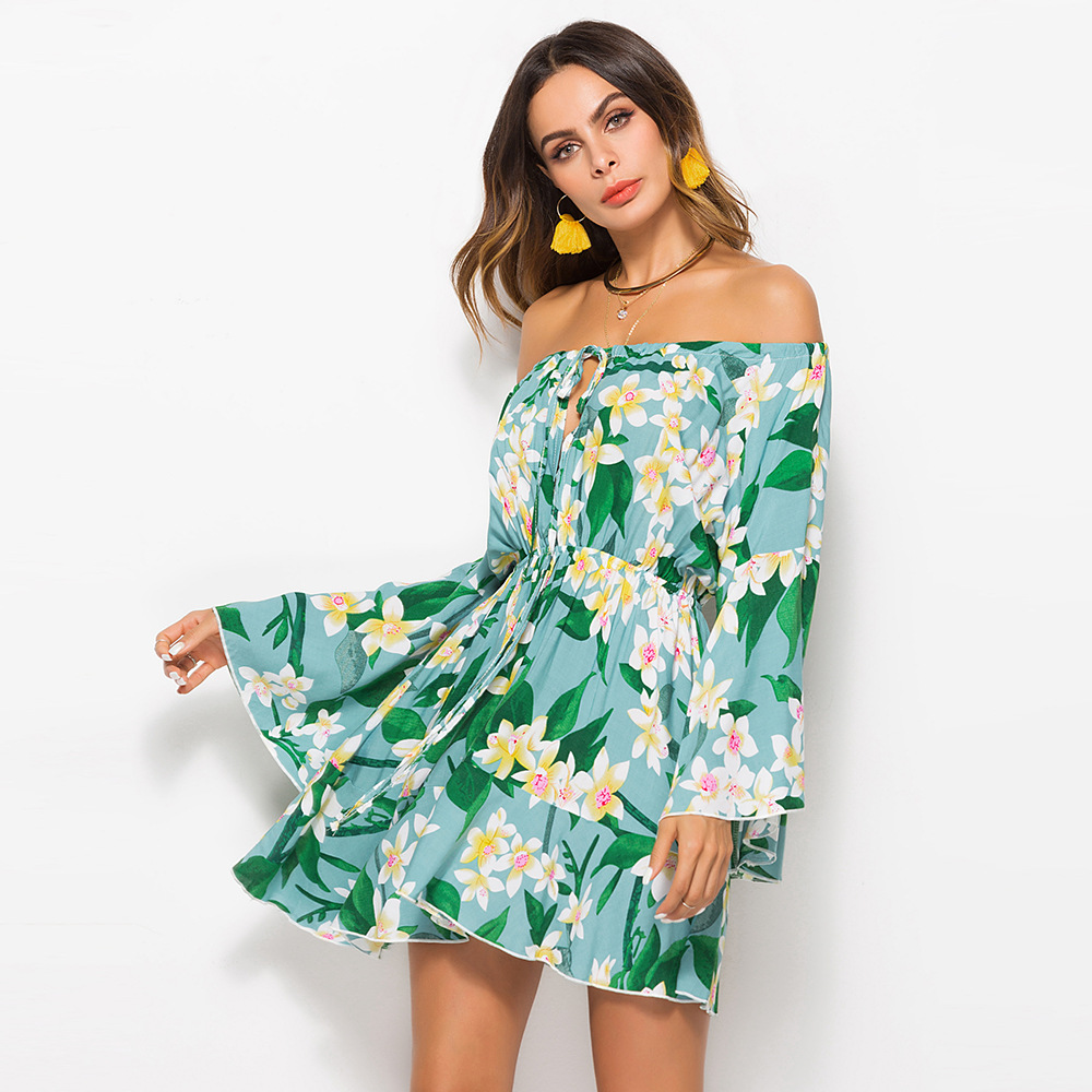 Printed elastic waist tie-neck dress