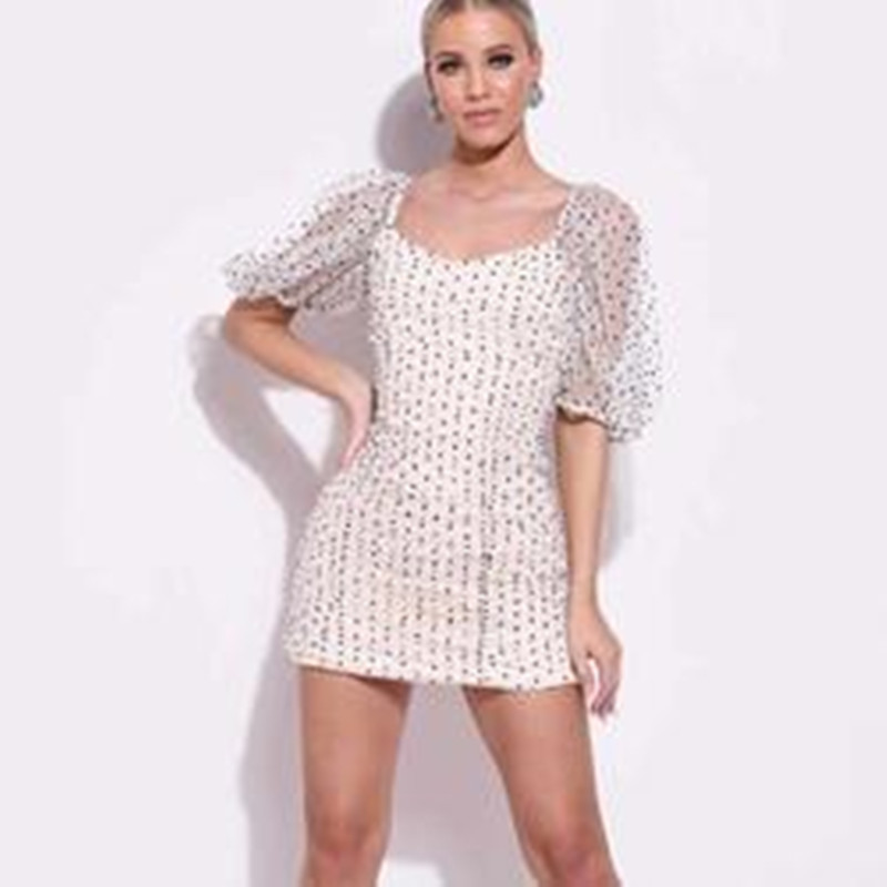Polka dot square neck puff sleeve dress