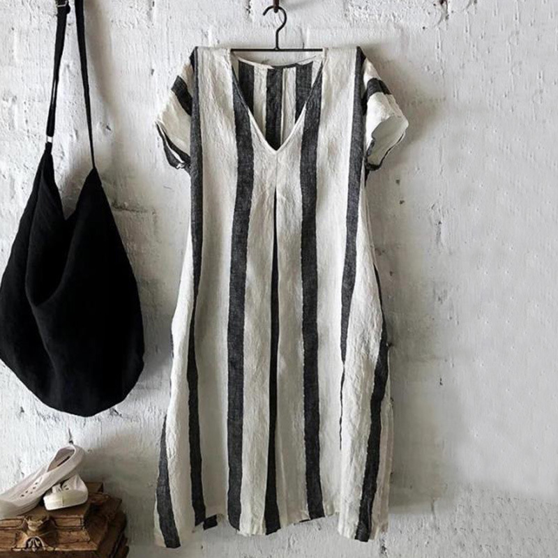 Striped V-neck short sleeve dress