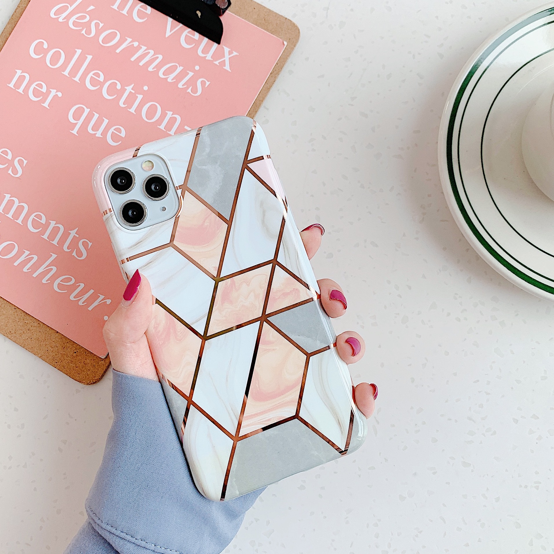 Stitched marble phone case – Pink, X XS