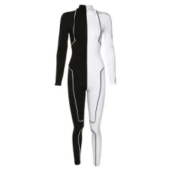 Two-color line stitching sports fitness jumpsuit - White - View 1