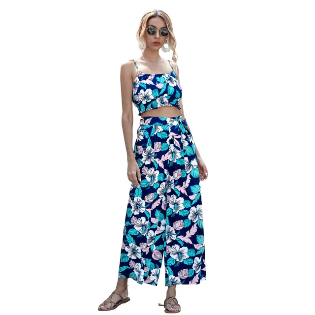Sling ice silk top high waist wide leg cool pants Dark Blue - Shop at LoveMi